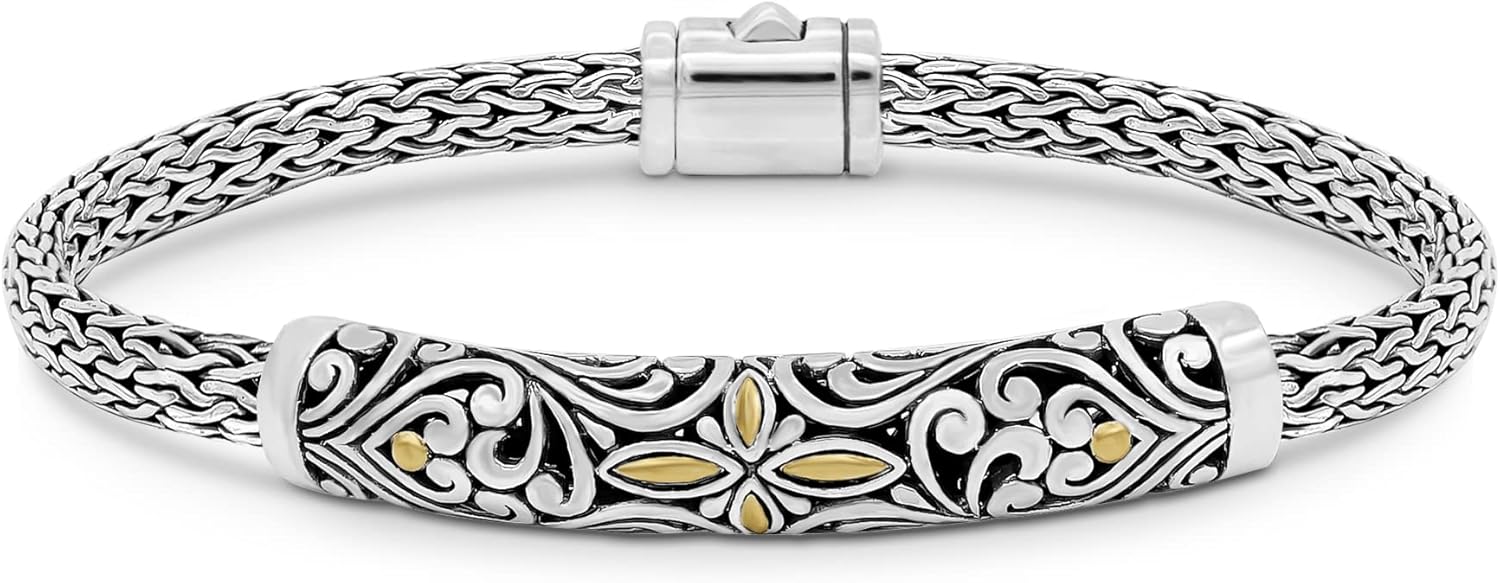 DEVATA Sterling Silver 925 Bali with Dragon Bone Tulang Naga/Borobudur/Wheat Paddy Chain Bracelet