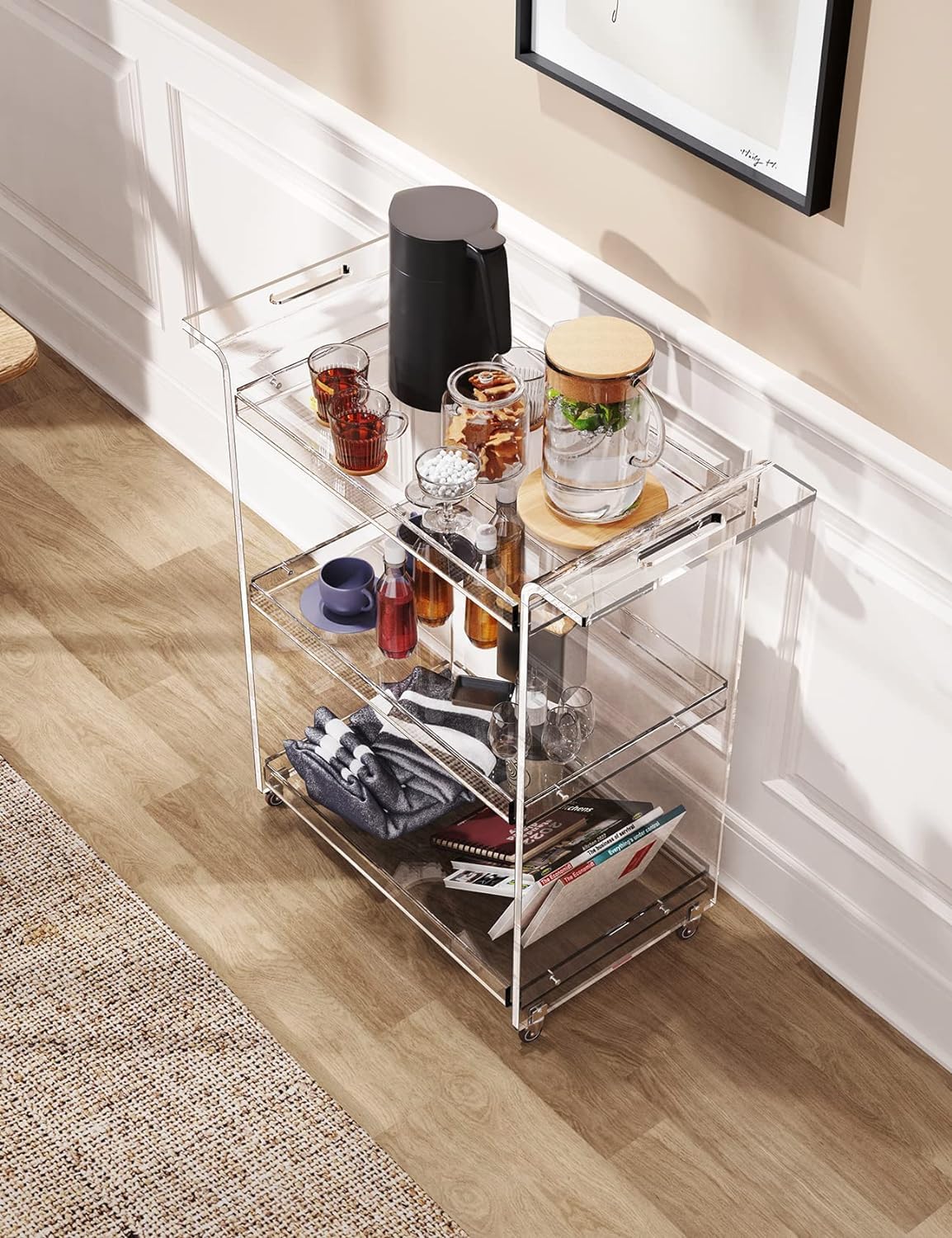 Carrello di Servizio in Acrilico Trasparente, con Rotelle, Carrello Bar per Cucina e Soggiorno, 53 x 30 x 72 cm (Trasparente)
