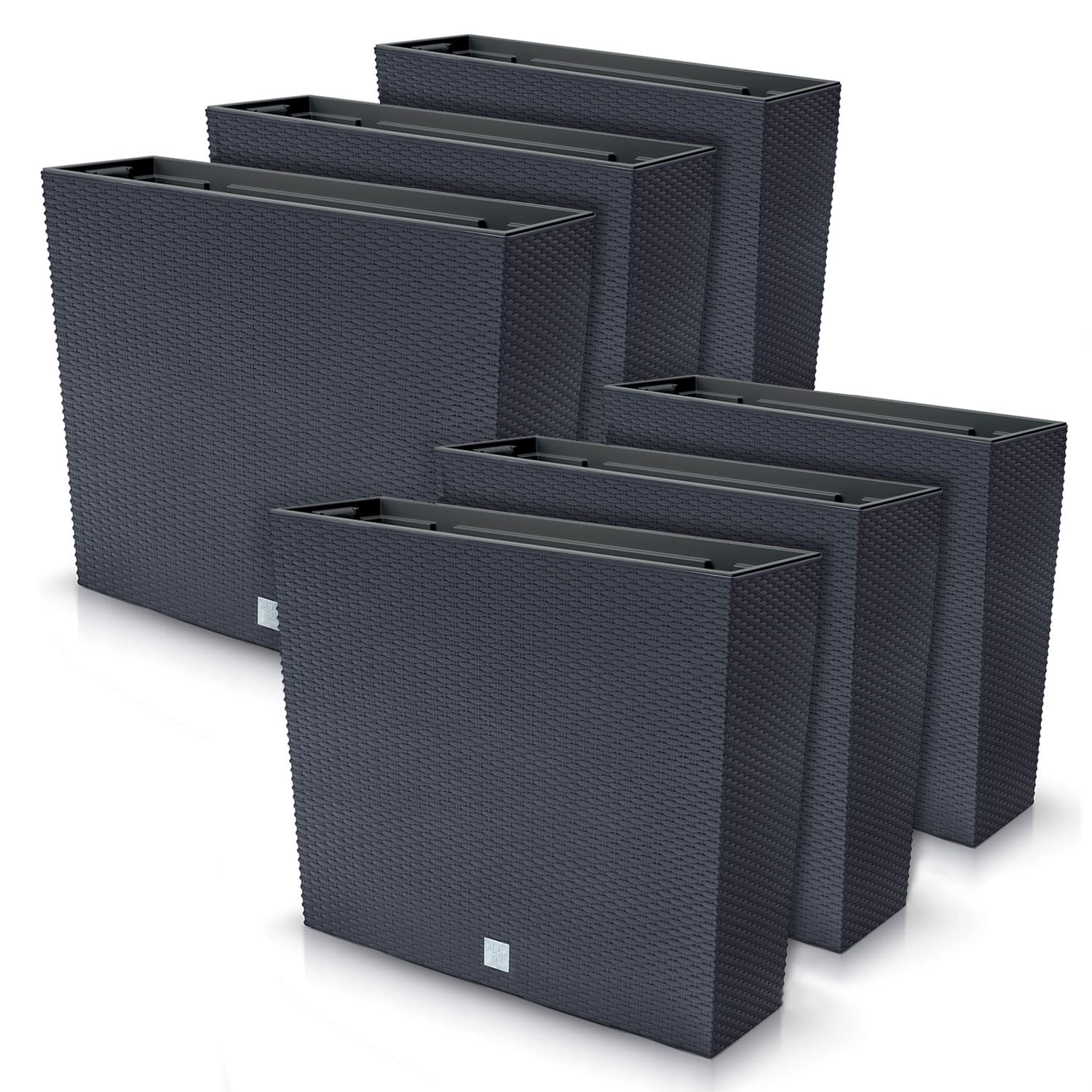 Juego de 6 macetas rectangulares para flores y plantas en T, de plástico, 58 x 18 x 49,8 cm, para interior y exterior, color negro, volumen 44 litros, diseño moderno