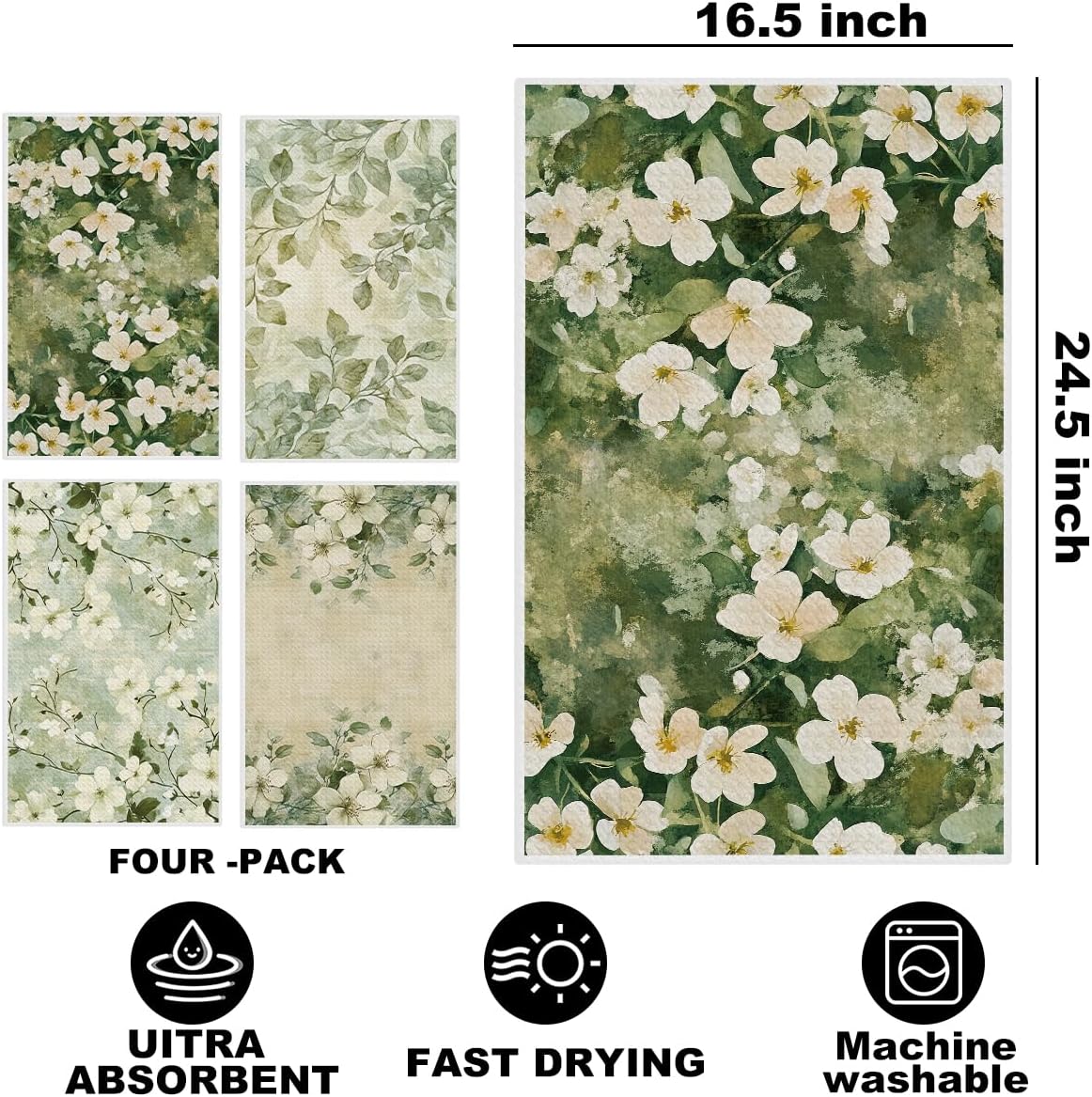 Jztco 4 Pcs Vintage Flower Kitchen Towels, Rustic Decorative Absorbent Microfiber Dish Cloth Tea Towel, Durable Waffle Hand Towels for Farmhouse Home Bathroom, Housewarming Gifts - Image 2