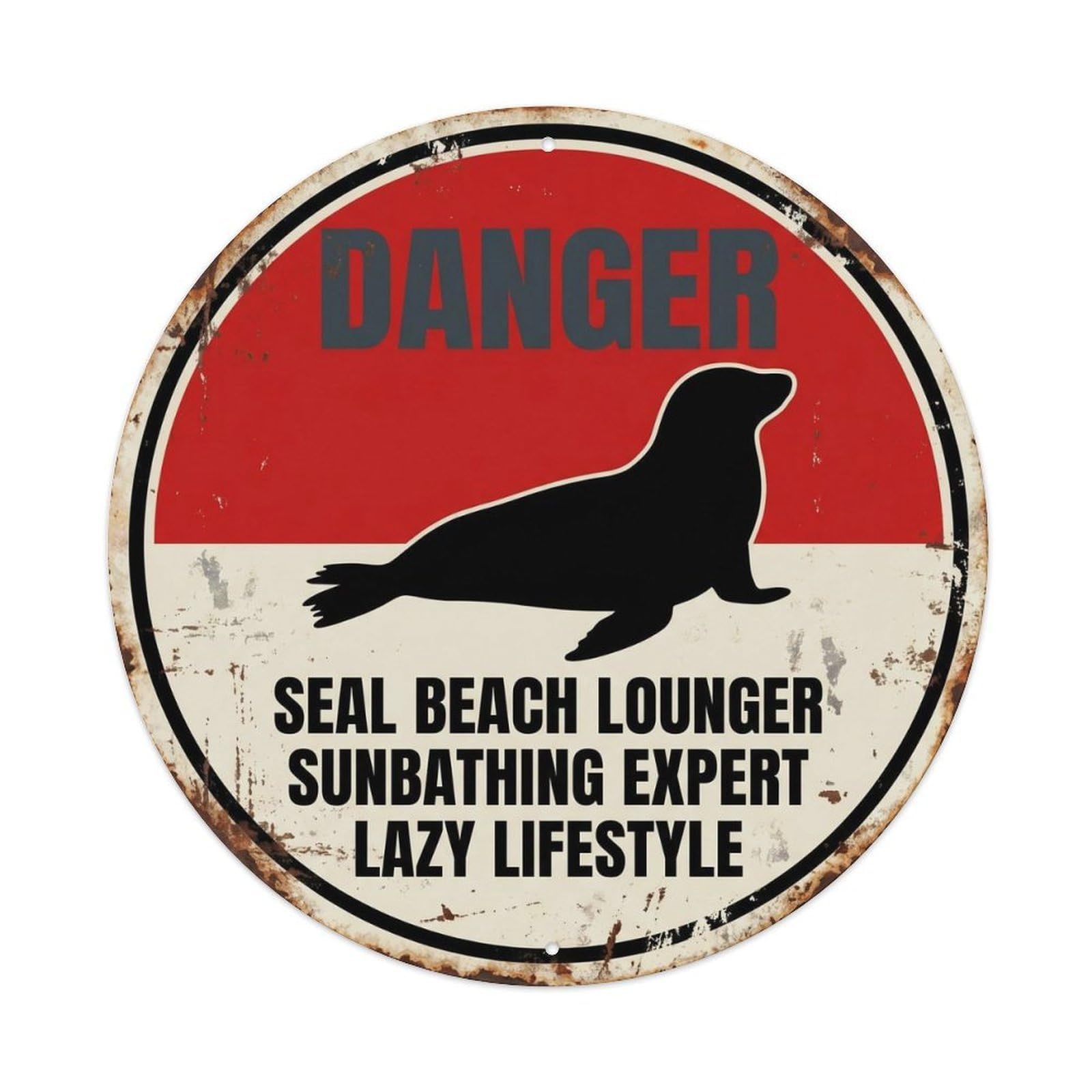 Seal Beach Lounger Novelty Risk Warning Marine Life Retro Metal Tin Sign Plaque Wall Decor for Cafe, Man Cave, Club Bar, Office, Home Garden Round Metal Poster 8x8Inch