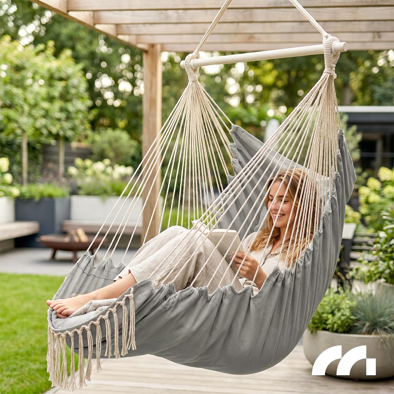 MalTec Fotel wiszący, 2 poduszki, wiszące krzesło ogrodowe, hamak brazylijski Swing Cocoon LUA Long jasnoszary