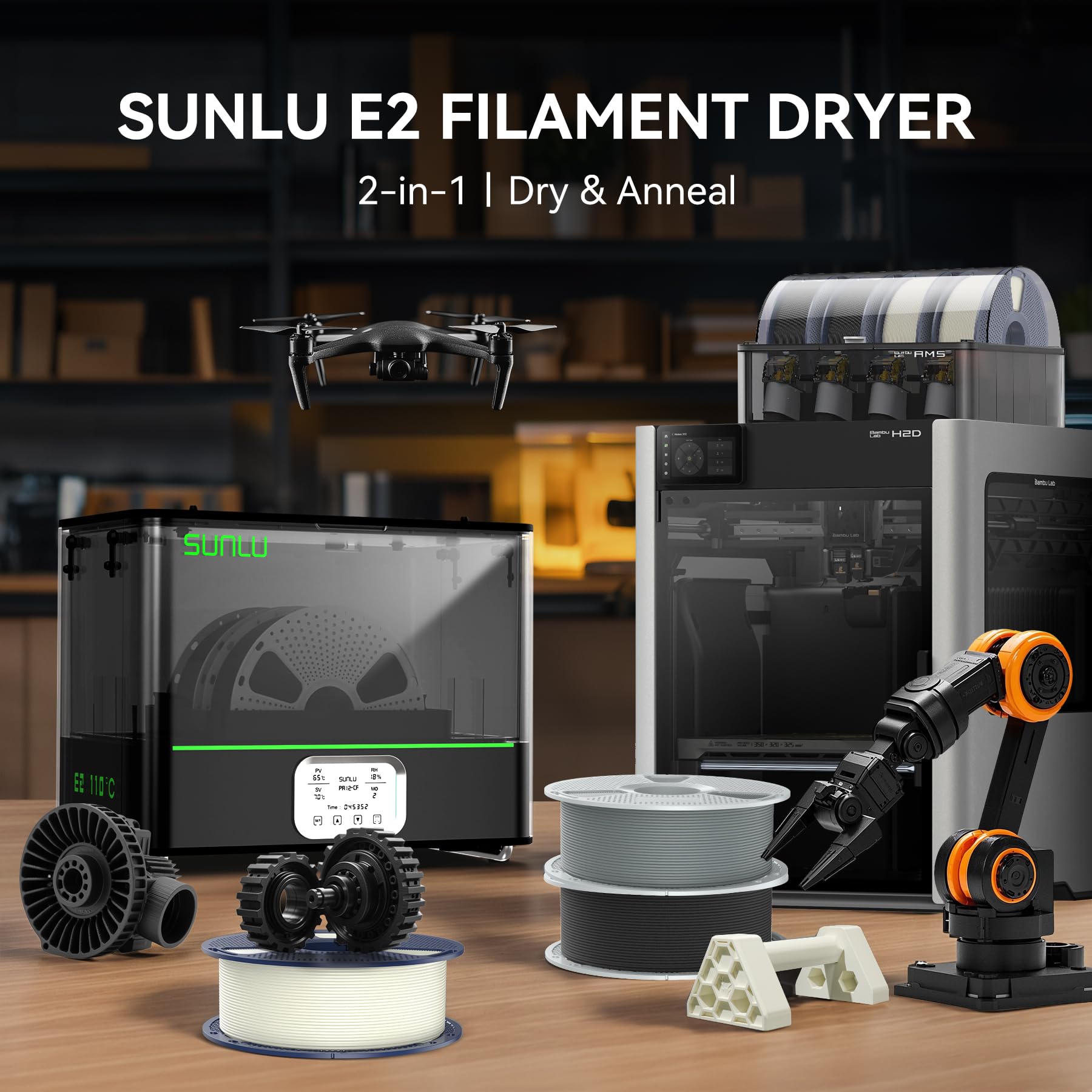 SUNLU Oficjalna suszarka do włókien E2, 110°C Max, grzejnik PTC 500W, suszenie i wyżarzanie 2 w 1, podwójna komora do profesjonalnych filamentów PC PA-CF FR-ABS (czarny)