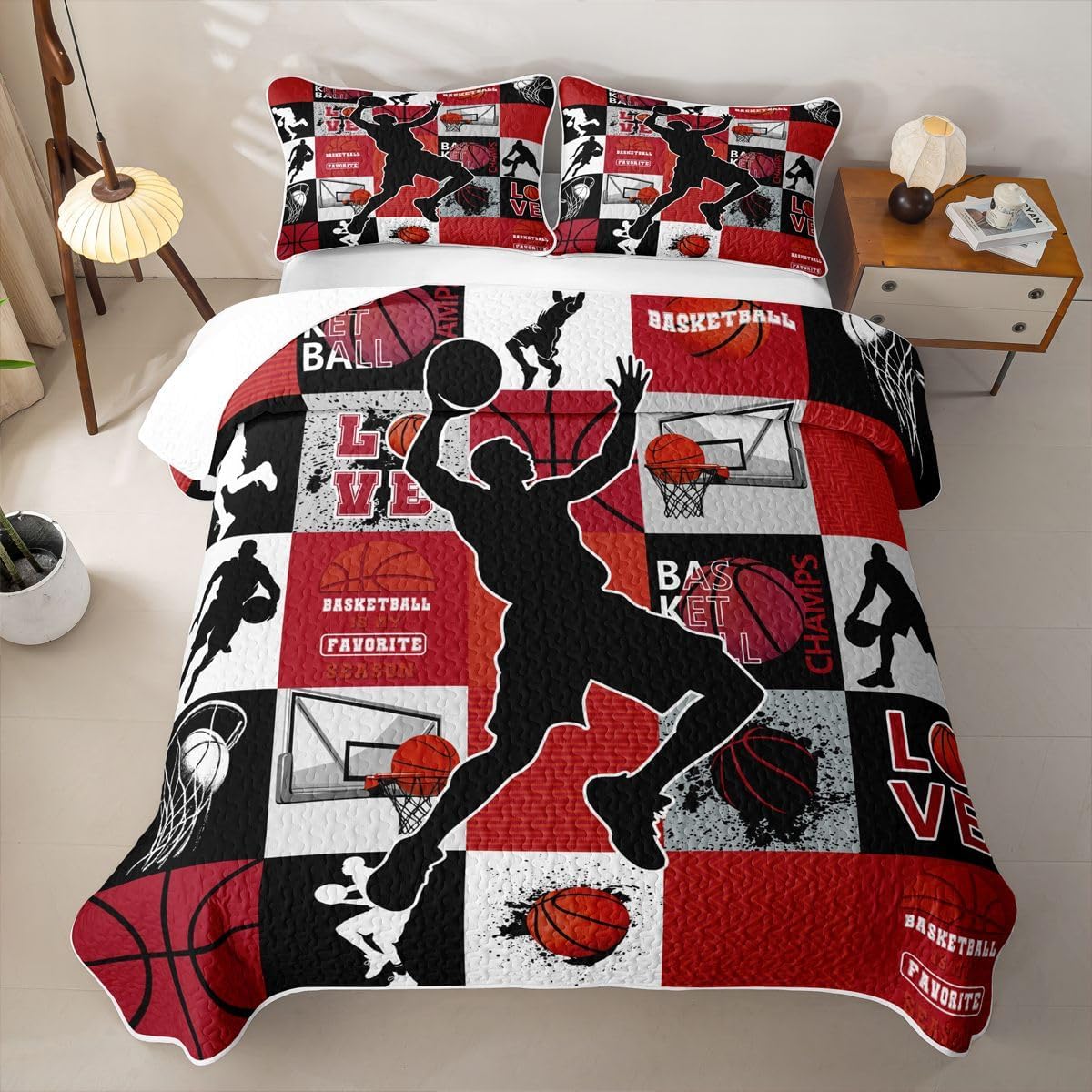 Castle Fairy Basketball Quilt Set Full Size, Red Black Grid Checkered Patchwork Bedding Set 3pcs, Sports Theme Bedspread Coverlet with 2 Pillow Shams, Kids Boys Girls Room Decor