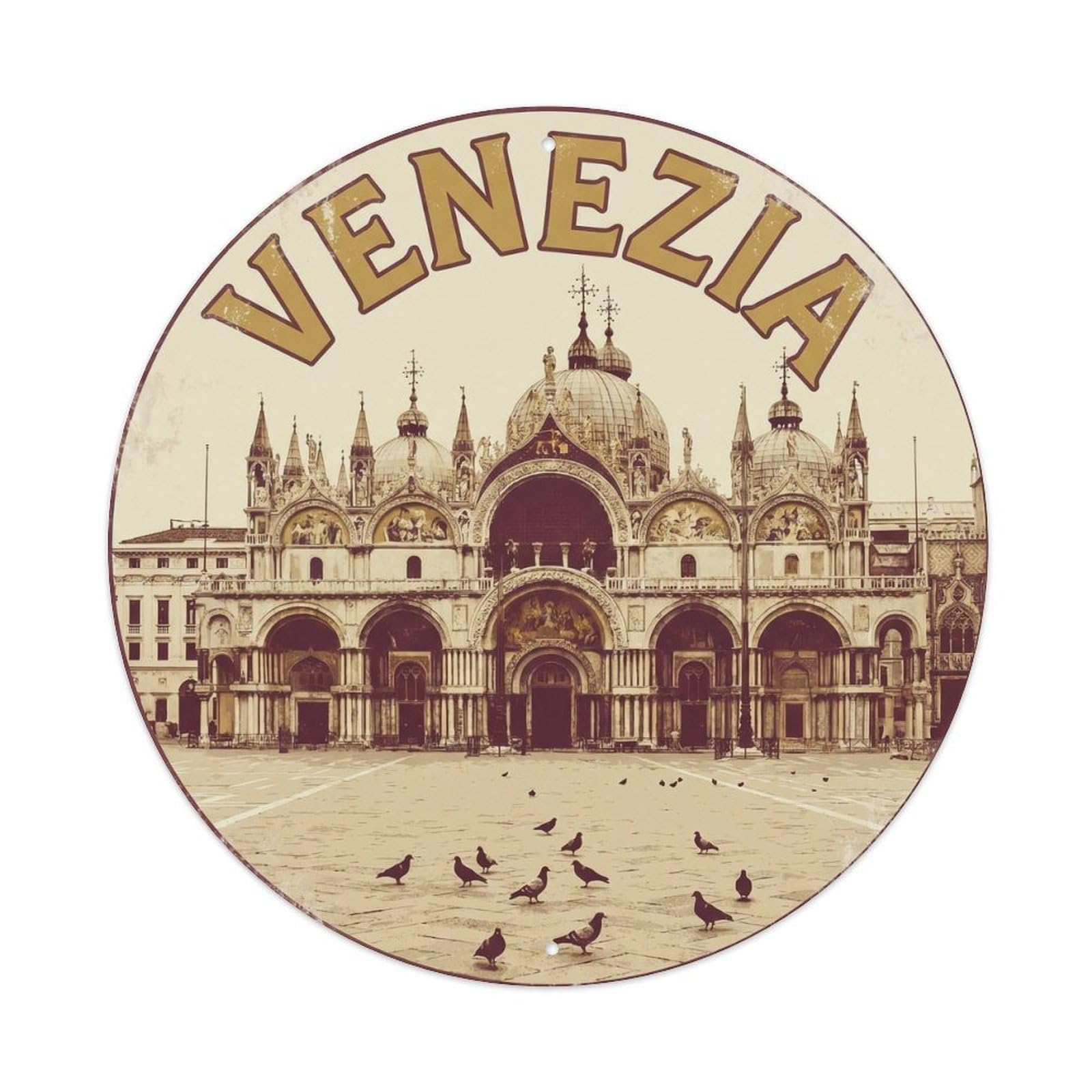 Vintage Travel Venice Basilica Scenic Metal Tin Sign Plaque Wall Decor for Cafe, Club Bar, Office, Home Garden Round Metal Poster 8x8Inch