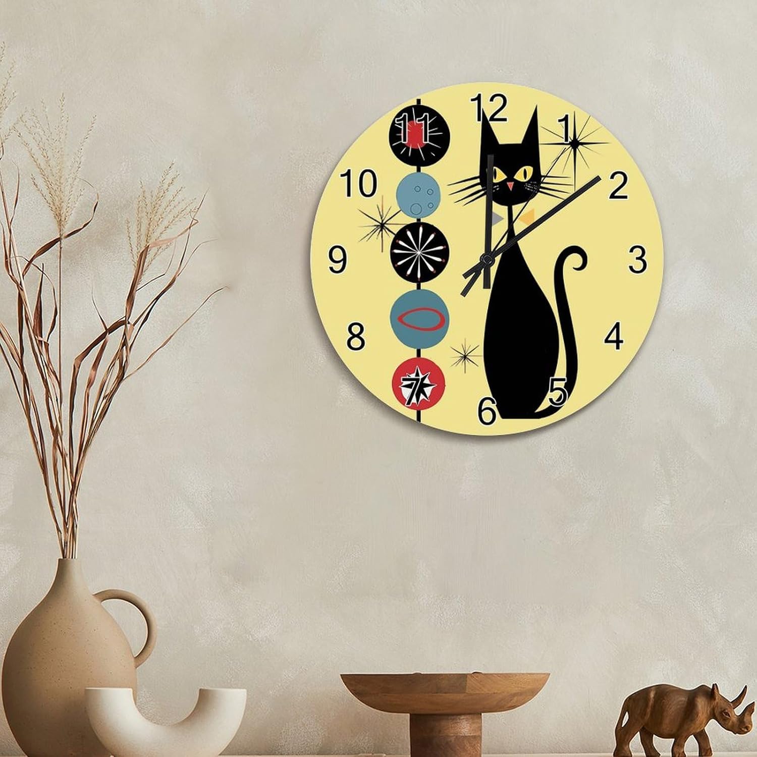 ArogGeld Atomic Era Mid Century Wall Clock Black Cool Cat Round Decorative Clocks Battery Operated 15 Inch Silent Non-Ticking Modern Hanging Clock for Bedroom Living Room Farmhouse Wall Decor