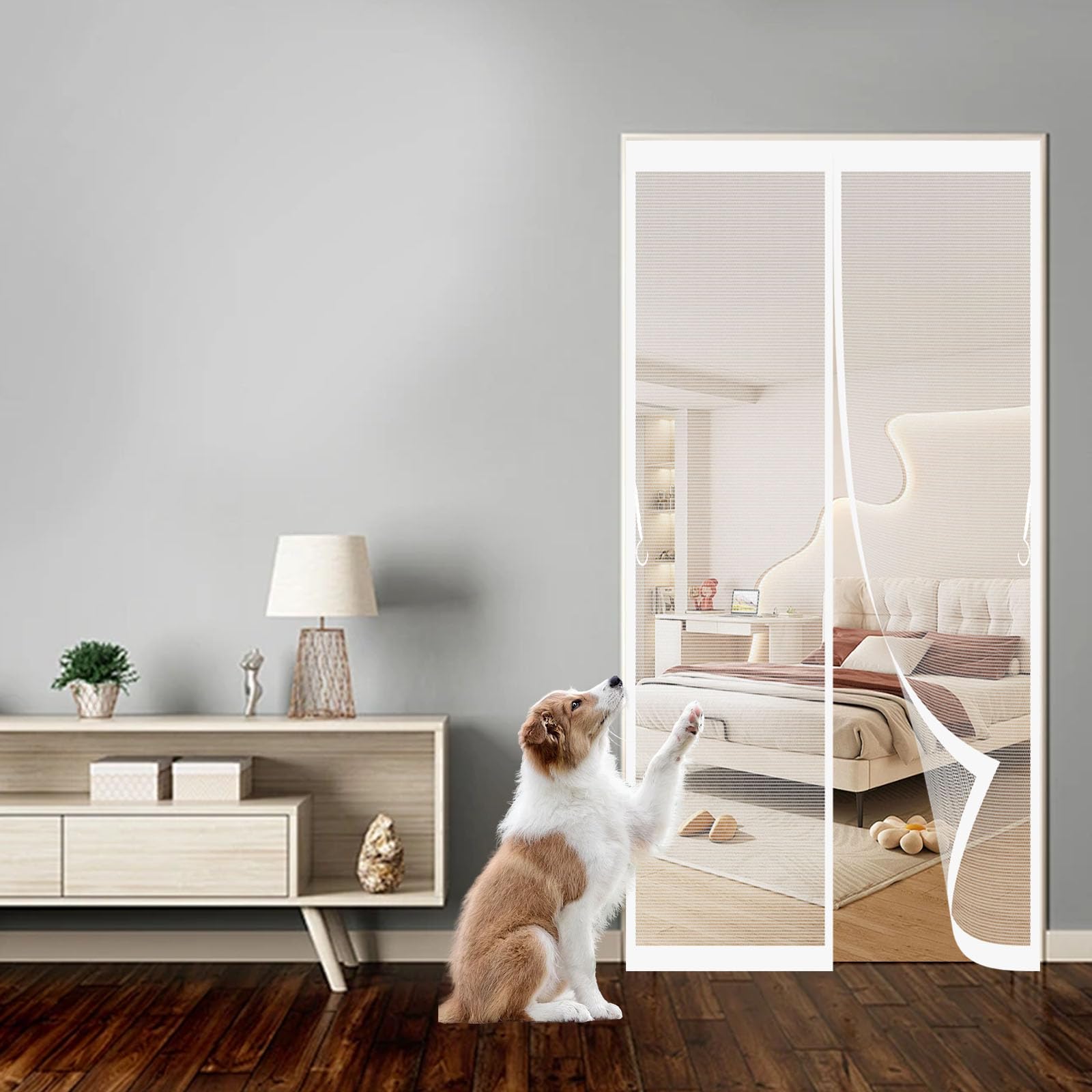 Anjiajie White Magnetic Window Screen 105 X 203 Cm Top-To-Bottom Seal Snaps Shut Automatically Magnetic Fly Insect Screen For Patio Doors Balcony Bedroom,