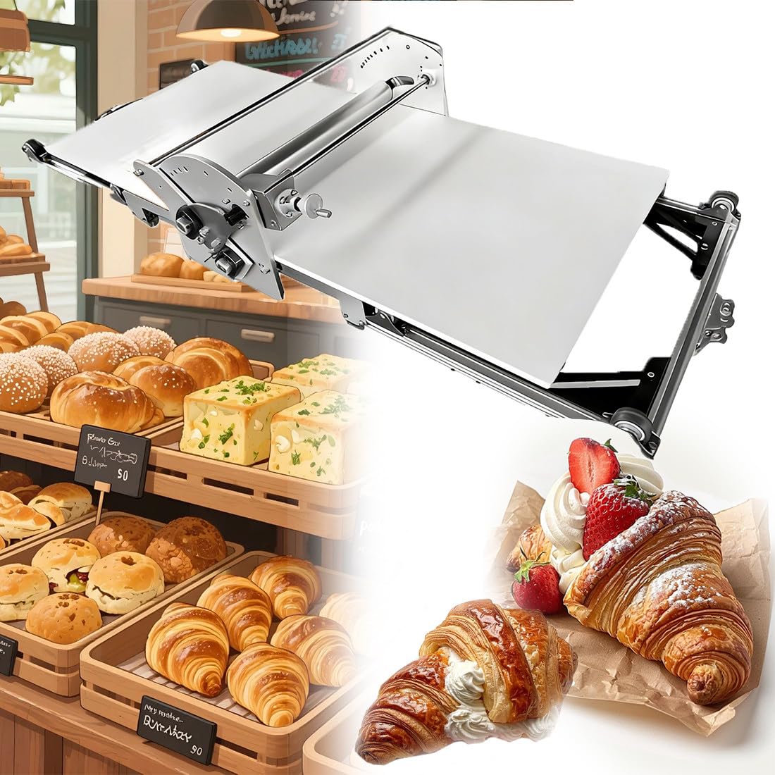 Laminoir à Pâte électrique Pliable,Laminoir Professionnel en Acier Inoxydable avec épaisseur Réglable De 2-30 mm,Plateau Antiadhésif De 450 mm pour Croissants,Pizza Et Pâte Feuilletée
