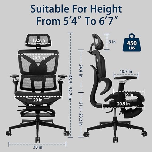 Miniatura 2 de Silla de oficina ergonómica grande y alta con reposapiés, reposabrazos ajustables 5D, soporte lumbar, silla giratoria reclinable de malla para