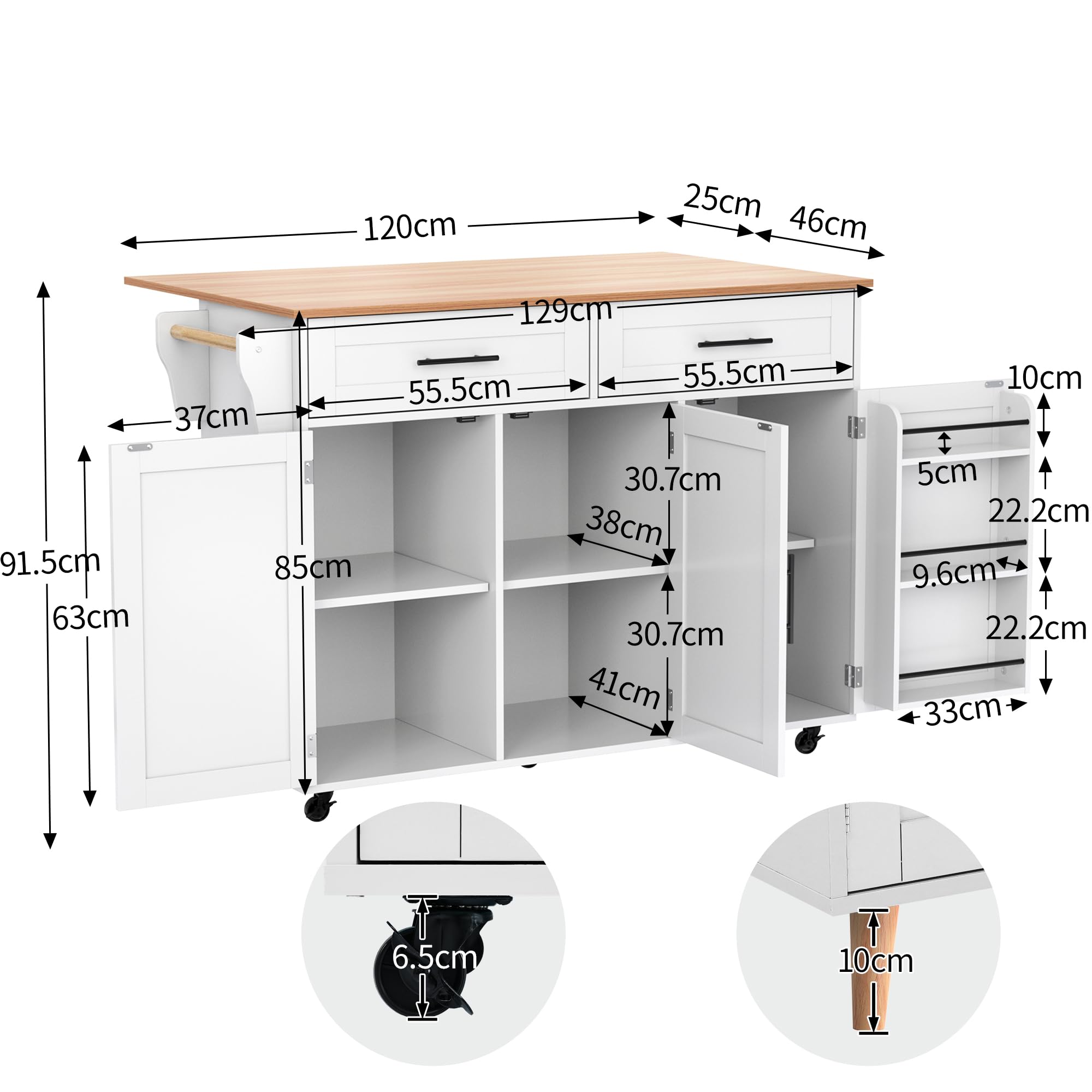 Carrello da cucina espandibile con 5 ruote, carrello di servizio versatile, 2 ripiani, bianco con ripiano, dimensioni 129 x 91,5 x 46-71 cm, perfetto per casa e sala da pranzo