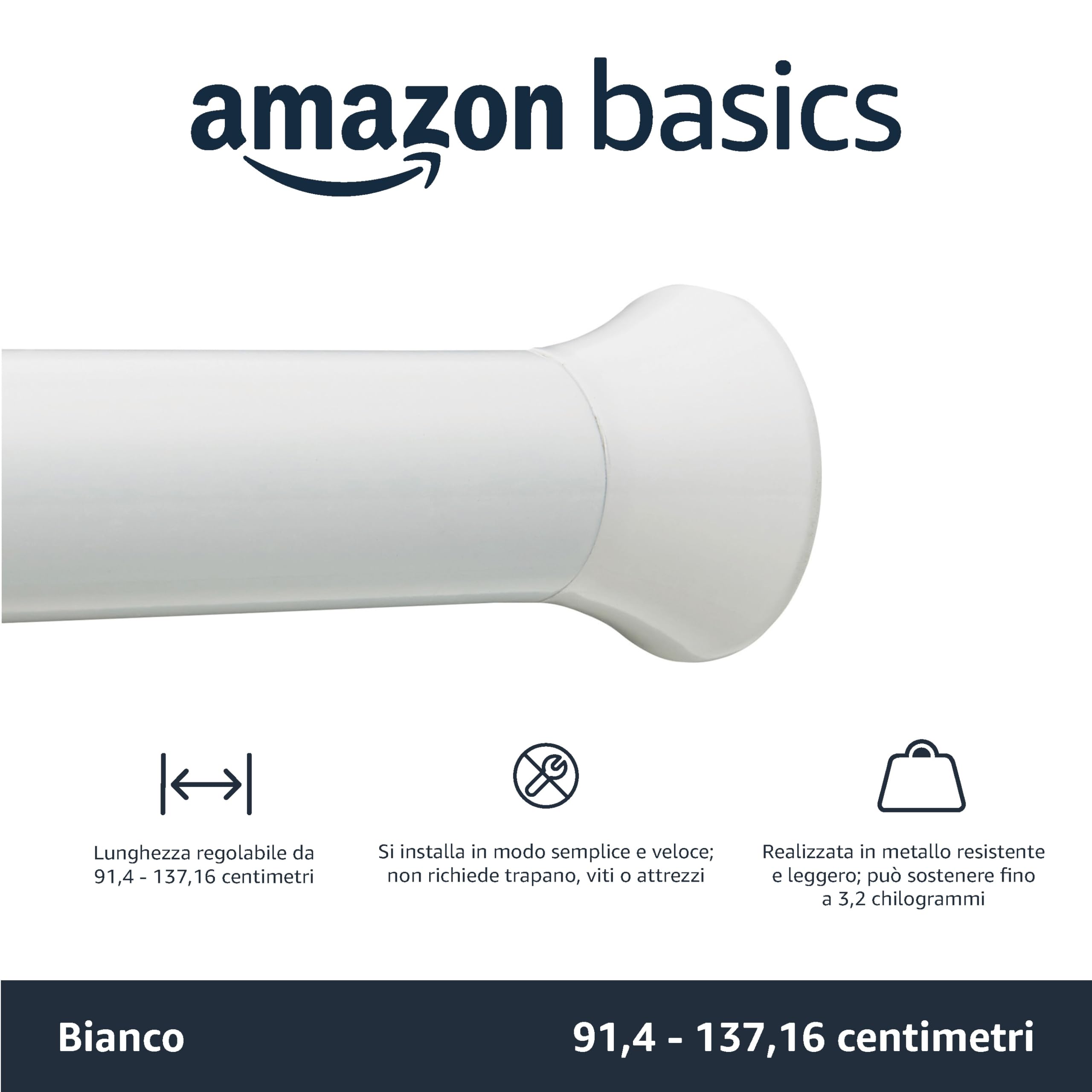 Amazon Basics Bastone regolabile per tenda da doccia, da 91 a 137 cm, bianco