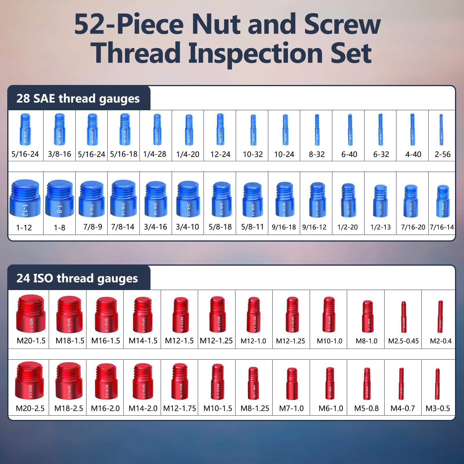 Gewindelehre Thread Checker Satz 52-teilig Gewindeprüfer Metrisch 24 Zoll 28