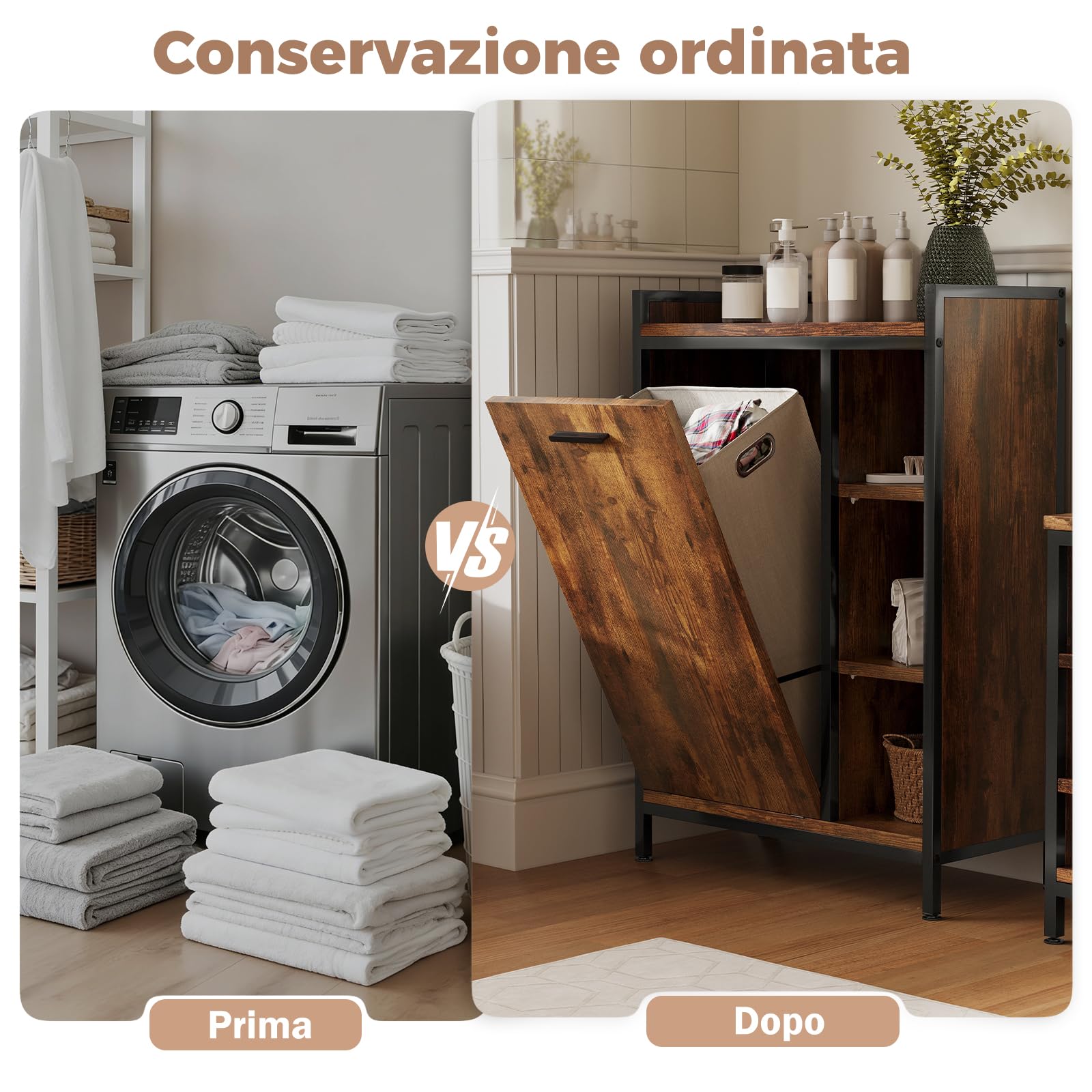 ELUCHANG Mobiletto bagno con portabiancheria(50L)-2 in 1 Mobile bagno salvaspazio per Bagnos,Sacchi Interni Rimovibili Lavabile, Soggiorno, lavanderia,camera da letto,63x30x91cm,Vintage+Nero