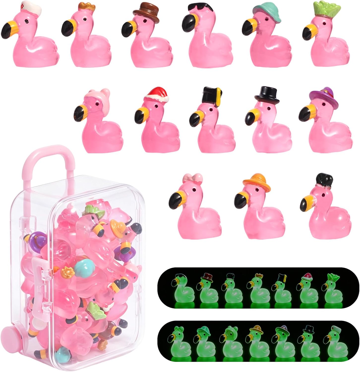 28pcs Mini Flamingo Luminous with Mini Suitcase for DIY Craft