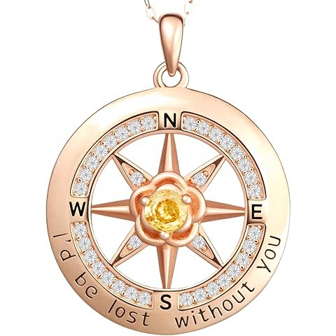 Birthstone Pendant Necklace for Women, Compass Jewelry with Rose Flower Birthday Gi...