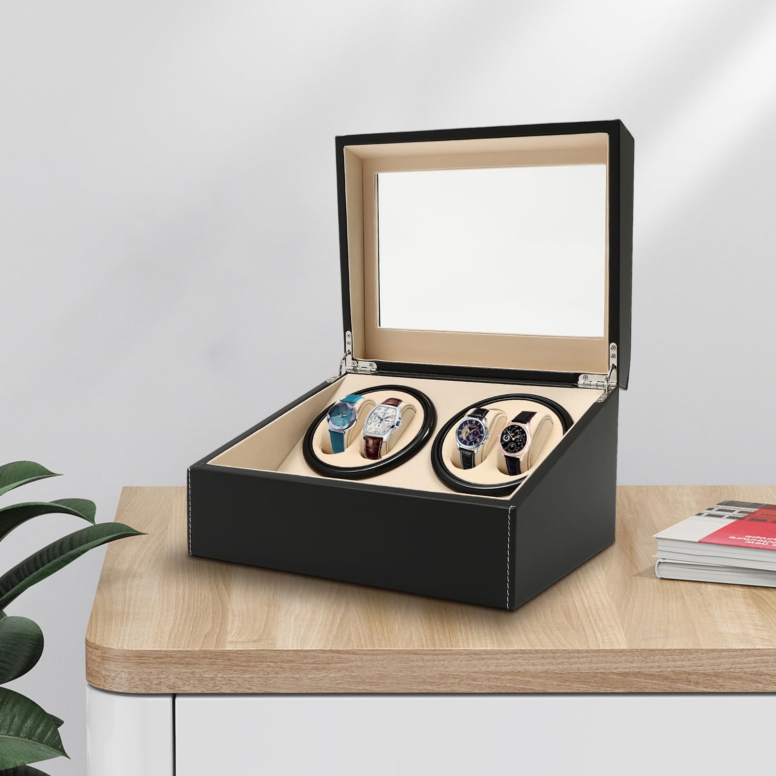 Automatische Uhrenbeweger Box, Uhrenständer Uhrendreher Watch Winder Uhrenkasten Luxuriöser Uhrenbeweger für 4 Automatikuhren + 6 Gitter Uhrenspeichergehäuse (Schwarz)