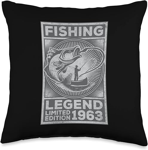 Vintage Fisherman Bass Fishing Legend 1963 - Almohada de cumpleaños, 16 x 16 pulgadas, multicolor