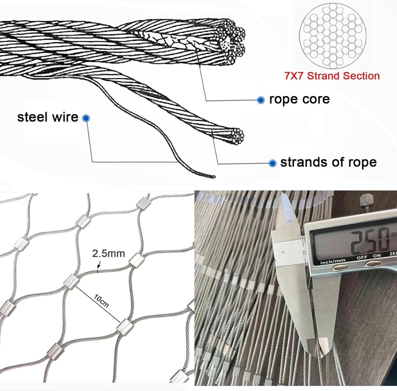 Barandilla de Malla de Alambre de Acero Inoxidable 304, Malla de Cable Flexible, Valla de protección contra caídas for escaleras de balcón (tamaño: Alto 1,2 x Largo 3 m)