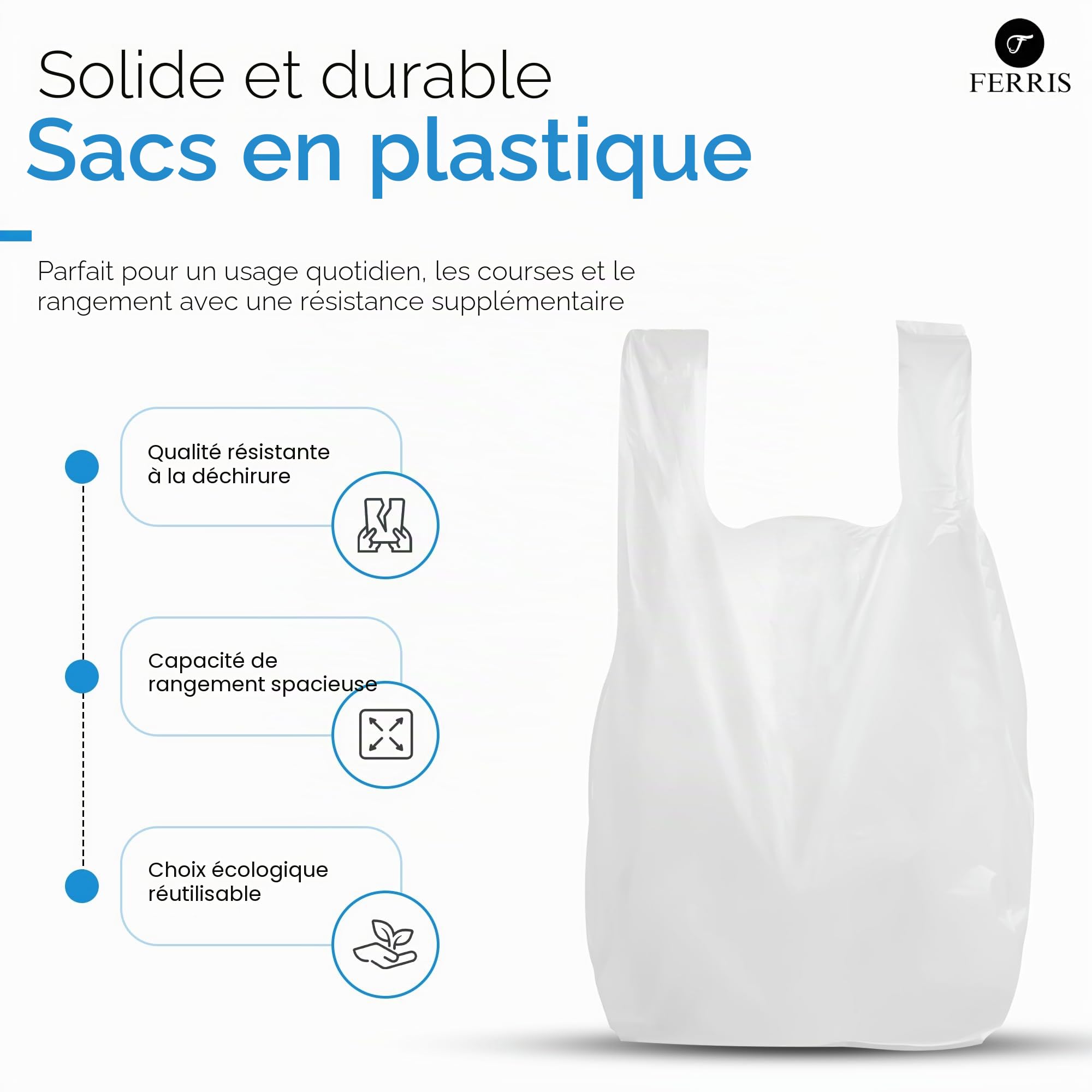 FERRIS Lot de 200 grands sacs de transport solides avec poignées, sacs en plastique multi-usages résistants de 40,5 x 45,8 x 55,8 cm, pour les courses, les étals de marché, les plats à emporter,