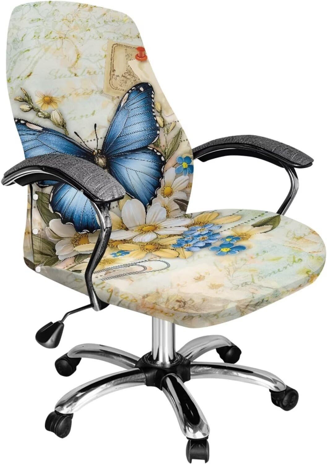 Blue Butterfly Office Chair Cover One Piece Water Resistant Stretch Jacquard Computer Chair Slipcover with Elastic Bottom for Armrest Chairs Armless Chair Cover Slipcover-L