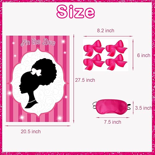 Miniatura 5 de Decoraciones de fiesta rosas para niñas, decoraciones de cumpleaños de niñas negras, juegos de fiesta, pin el lazo en la cabeza de las niñas, juego