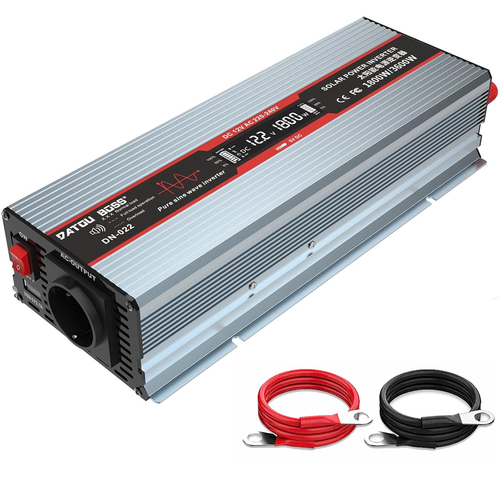 DATOUBOSS Inversor 12V 220V/230V Onda Sinusoidal Pura 1800W Convertidor De Voltaje Pico De Potencia 3600W con Tomas EU, Puerto USB Y Pantalla LCD para Electrodomésticos Caravana Camión Camping, Gris