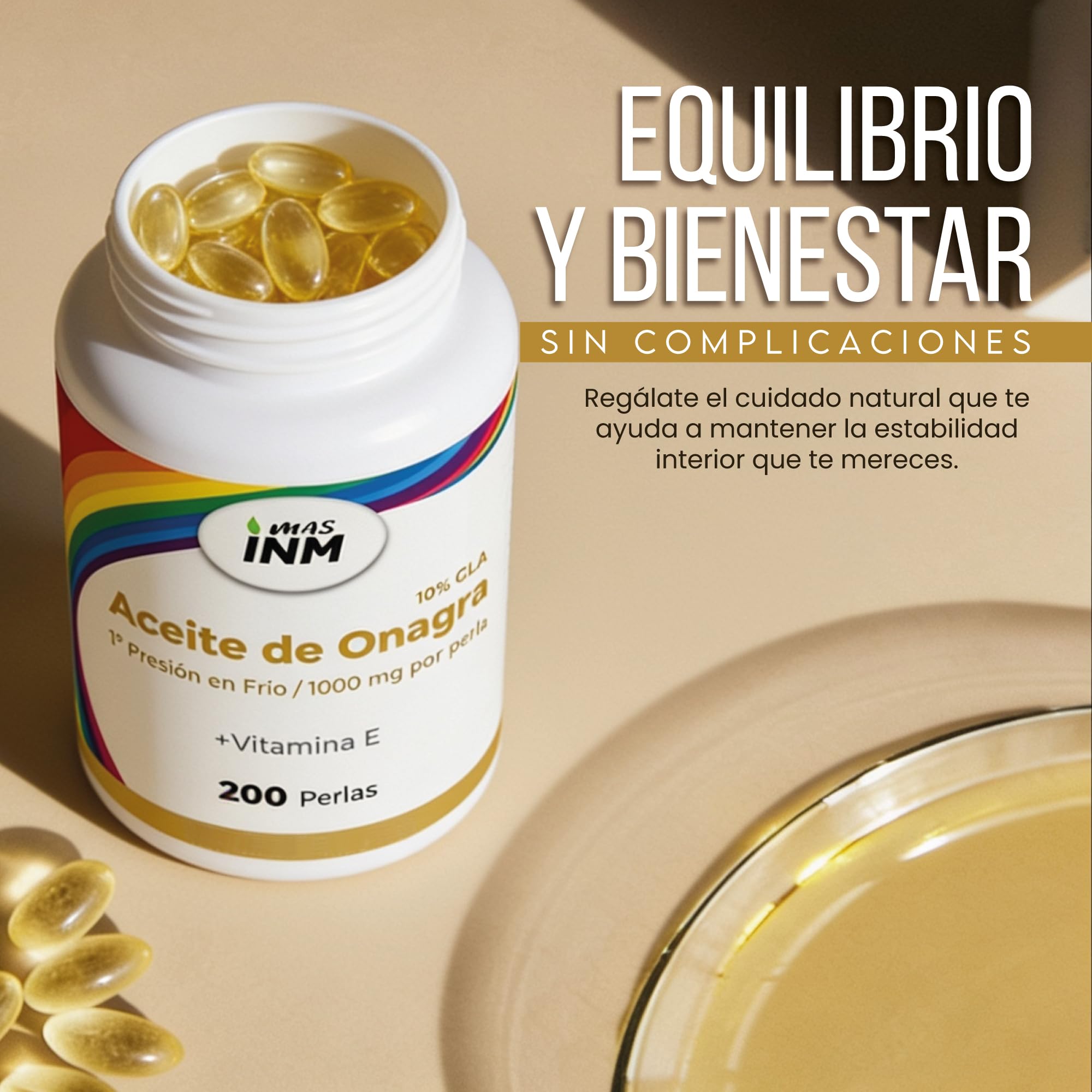 Aceite de Onagra perlas 1000mg con Vitamina E – Prensado en Frío 10% GLA – Complemento Natural de apoyo a la Mujer - Contribuye a proteger las células del estrés oxidativo - 200 perlas