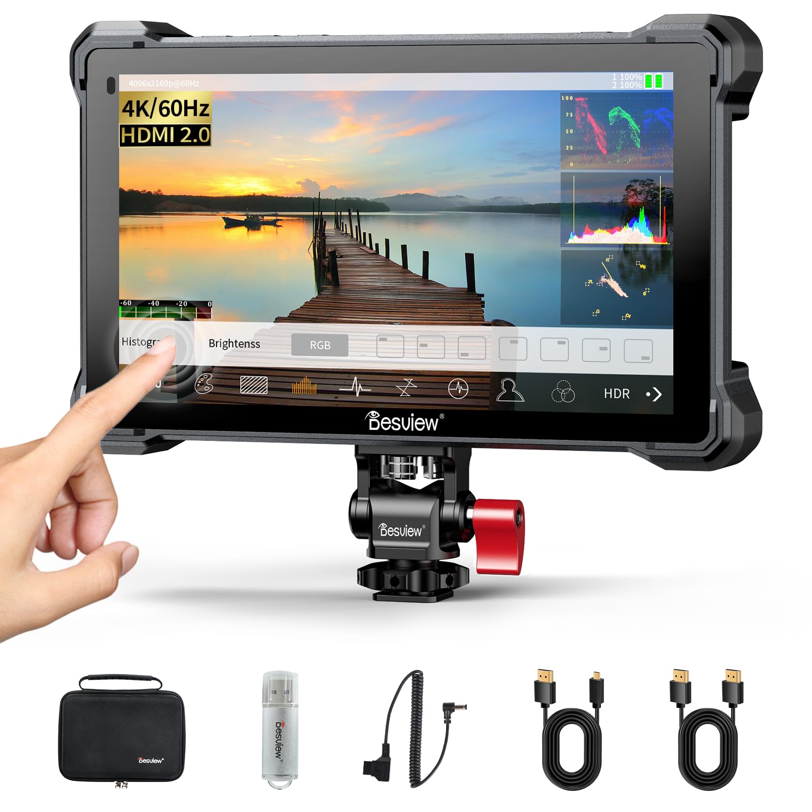 A7 Camera Field Monitor, 7 inch Touch Screen 1920 * 1080 Full HD 4K HDMI with 3D Lut Waveform VectorScope Histogram False Color Peaking Focus Full Feature HDR Camera Monitor