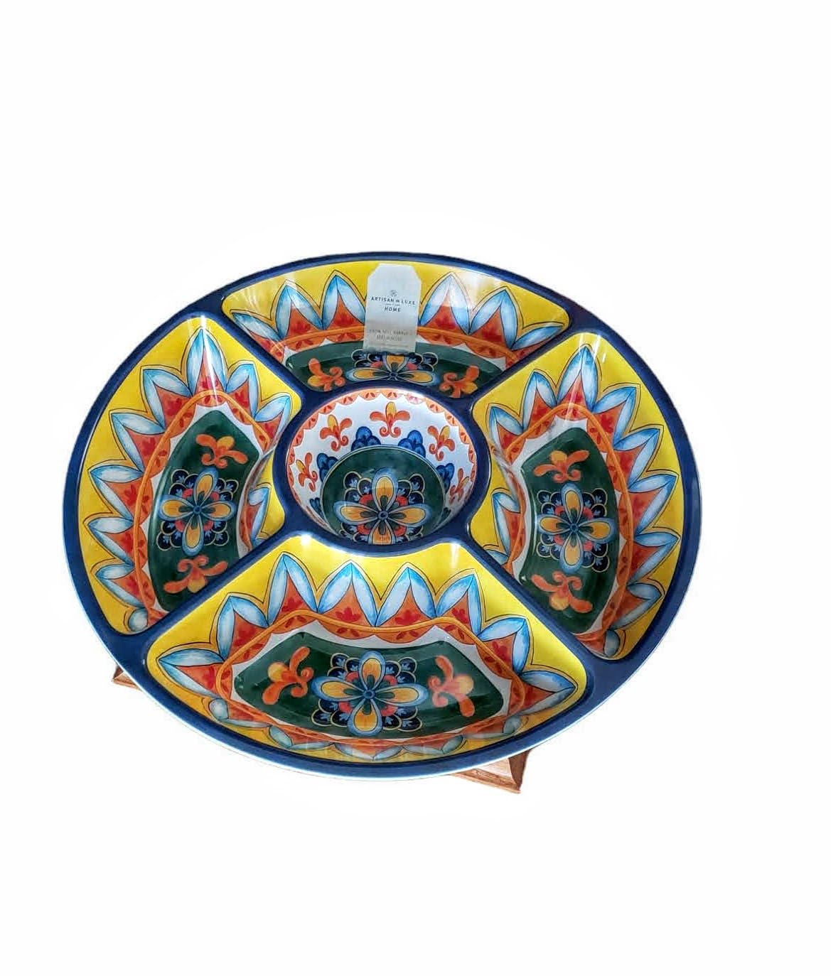 Generic Bright Colors Mosaic Divided Chips and Dip Melamine Plastic Serving Platter Appetizer 15 Inch Large Diameter tray