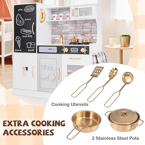 Vista 5 de HONEY JOY Juego de cocina para niños de 39 pulgadas, juego de cocina grande de madera con pizarrón, teléfono, utensilios, horno, microondas
