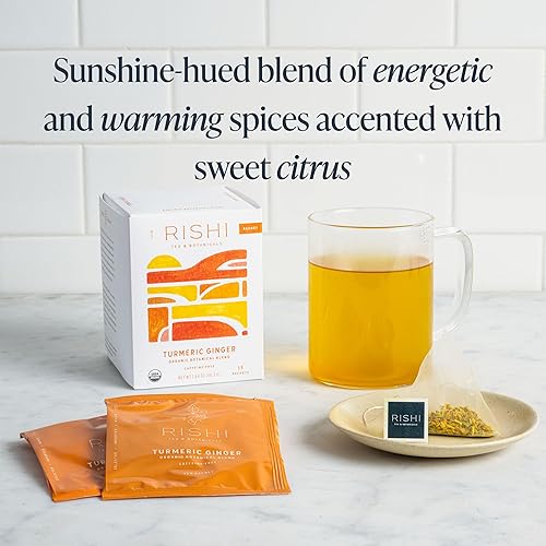 Miniatura 5 de Rishi Tea Té de hierbas de jengibre y cúrcuma, bolsas de bolsitas orgánicas, mezcla sin cafeína con jengibre picante y cítricos, caliente o helado,