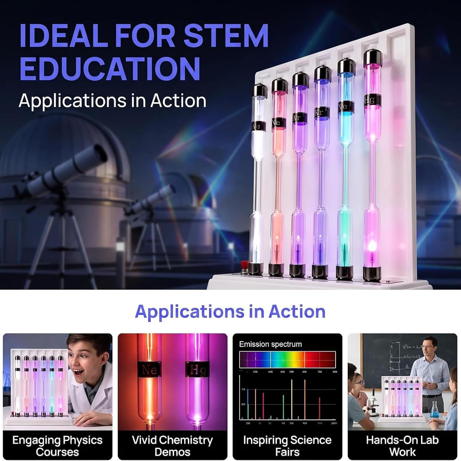 Tubo scientifico a scarica di Gas con Supporto sperimentale | Set di Tubi Luminosi A Gas Nobile, include He, Ne, Ar, H2, N2, Hg, per l'educazione alla fisica e alla chimica