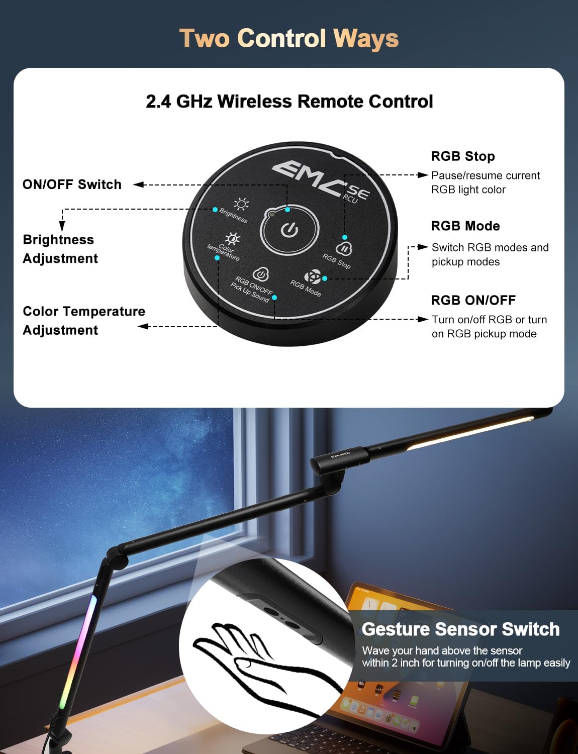 LED Desk Lamp with Clamp, Adjustable Swing Arm RGB Desk Light with Remote, Eye-Caring 4 Modes Stepless Dimming Lamp for Home Office Reading Study Gaming