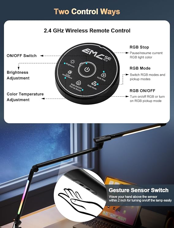 LED Desk Lamp with Clamp, Adjustable Swing Arm RGB Desk Light with Remote, Eye-Caring 4 Modes Stepless Dimming Lamp for Home Office Reading Study Gaming