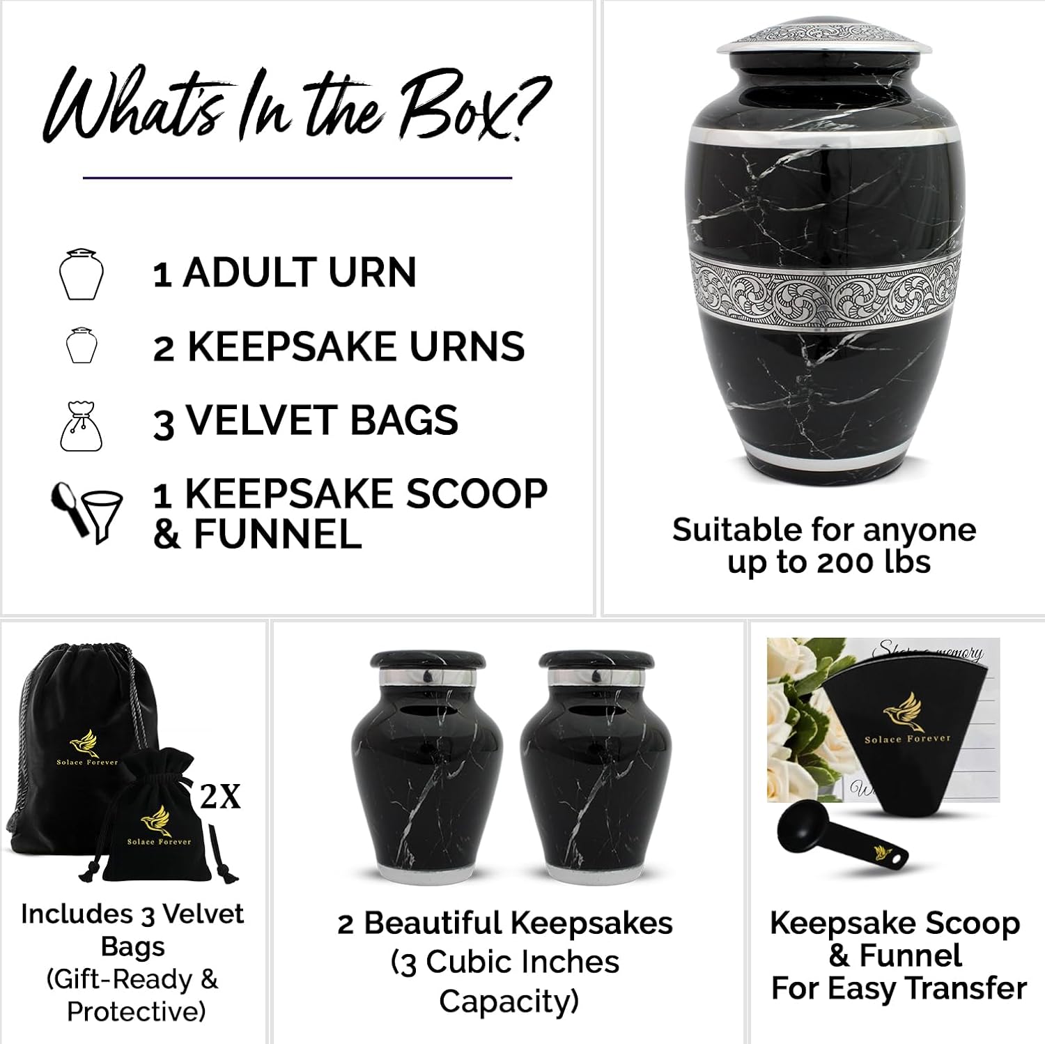 Elegant Set of 4 Hand-Engraved Urns for Human Ashes – Large Urn for Ashes Adult Male or Female, 2 Mini Keepsakes & Necklace Urn with Velvet Bags (Black, Set of 4)
