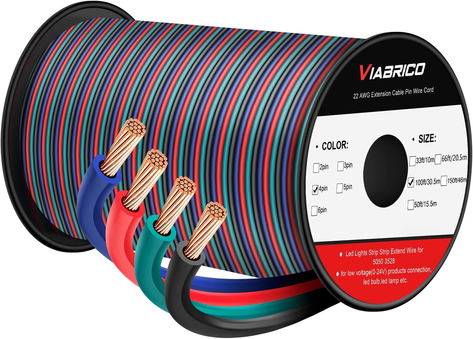 100ft 22AWG 4pin RGB Wire Extension Cable, with Spool and 10pcs RGB Led Strip Connectors, for Led Lights Wires Strip Extend 5050 3528