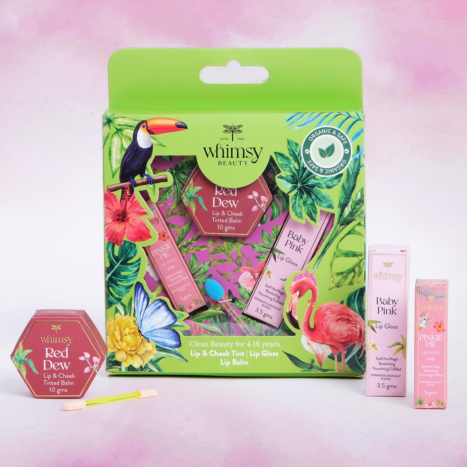 Whimsy Beauty Organic Beauty Kit for Girls - 3 Pcs Non- Toxic makeup Set | Lip Balm for Dry Lips, Lip Gloss & Lip Cheek Tint | Safe Kids Makeup