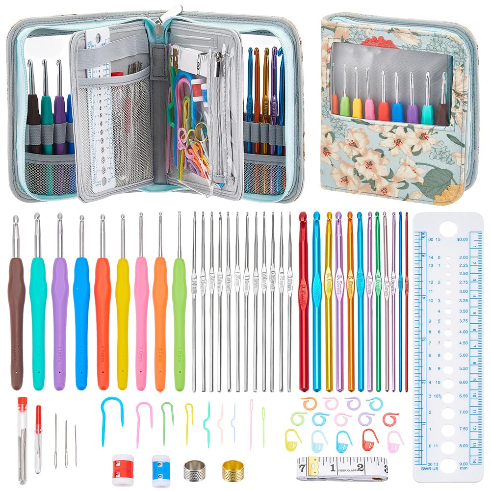 AHANDMAKER 103 Stück Häkelnadeln Set mit Häkeltasche Ergonomische Häkelnadeln DIY Hand Strick Kunst Werkzeuge Weben Garn Nadeln Kits für Anfänger und Experten Machen Tasche Handschuhe Socke