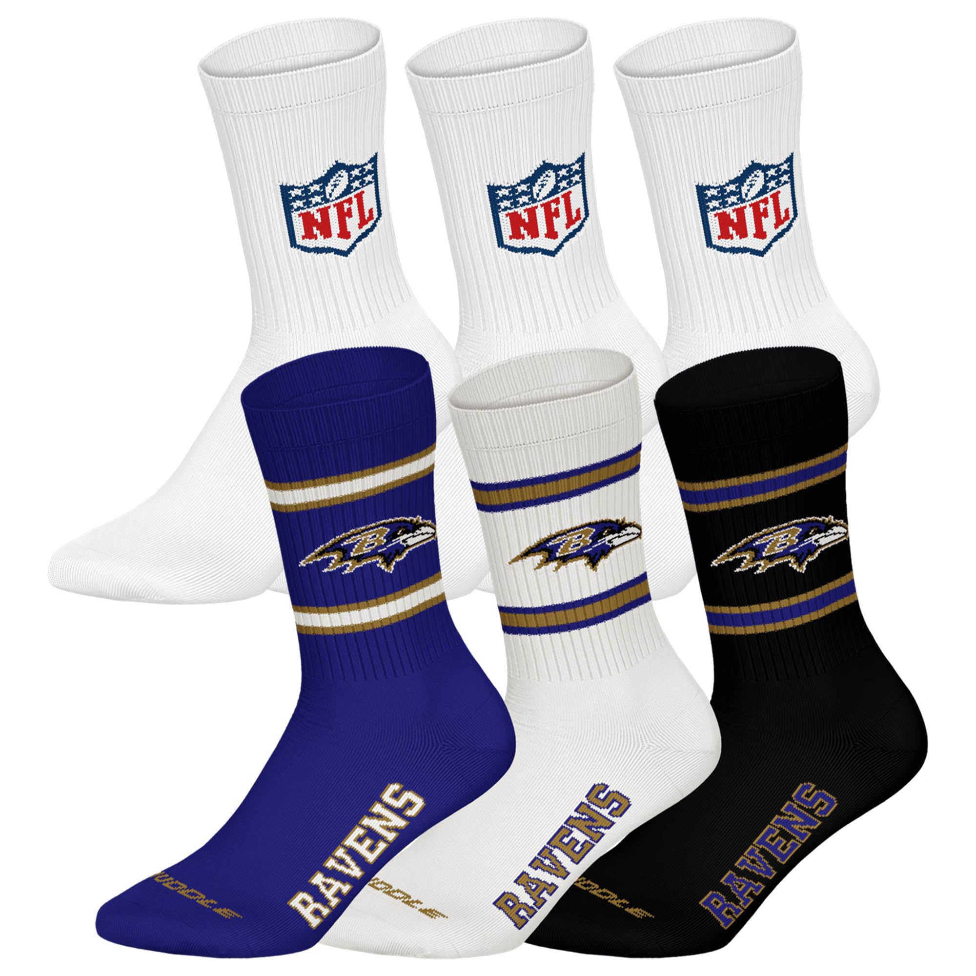 NFL Unisex Team Crew Socks, Baltimore Ravens, White, 43-46, Pack of 6