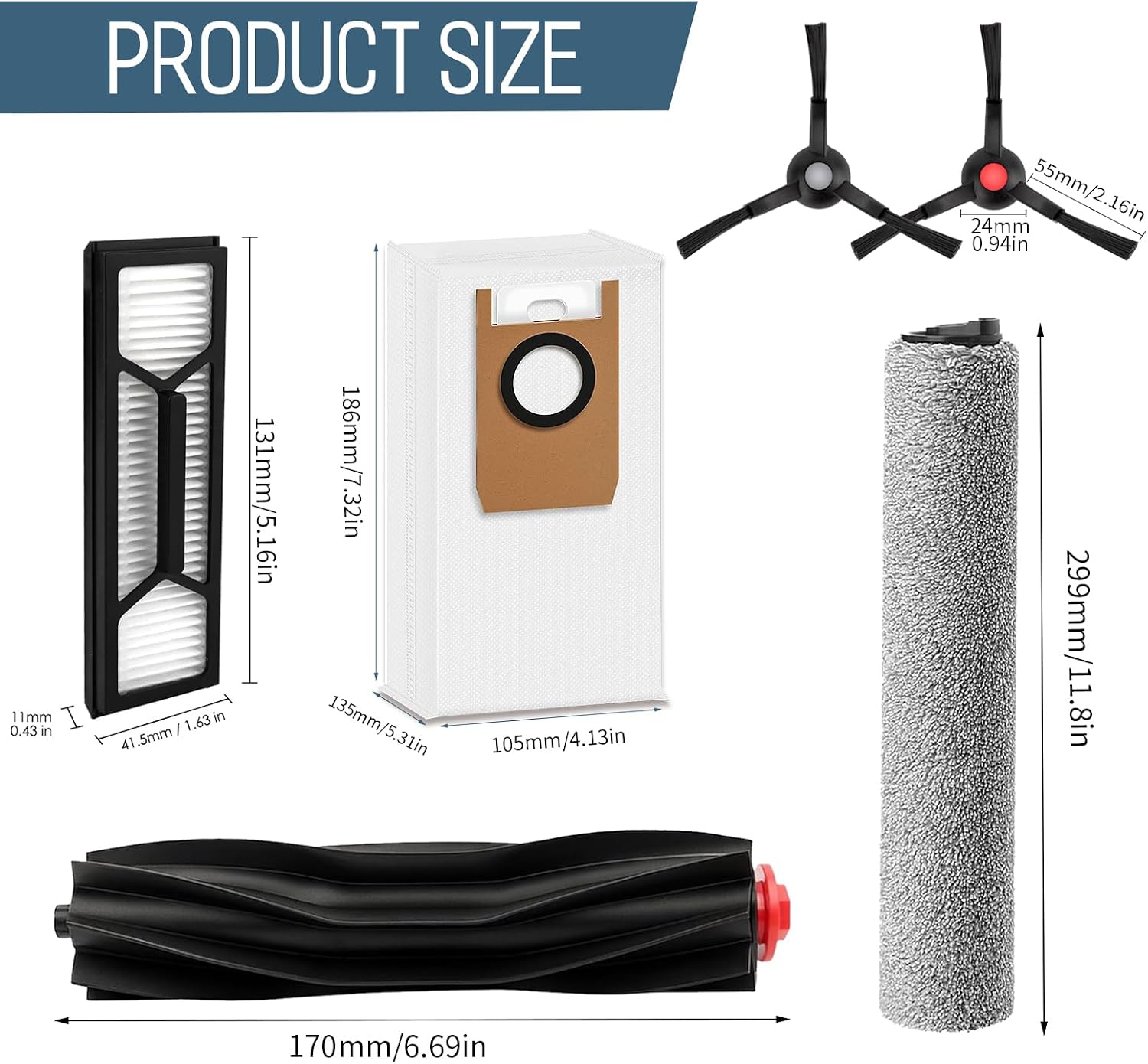 20 Pack Replacement Parts Compatible with Eufy S1 Pro Omni, S1 Robot Vacuums kit,1 Main Roller Brush, 2 Rolling Mops, 4 HEPA Filters, 6 Side Brushes, 6 Dust Bags, 1 Clean Tool