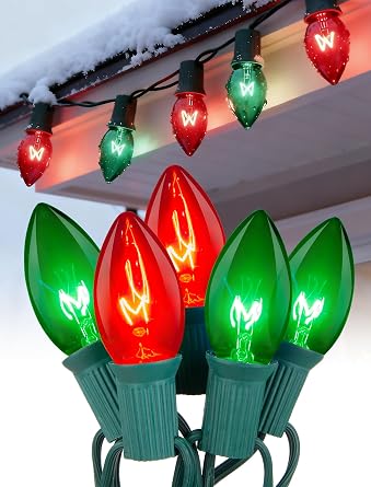 25ft Red and Green Outdoor Christmas Lights,C9 Vintage Christmas String Lights with 26 Red Green Bulbs1 Spare,Waterproof Hanging Christmas Lights for Roofline Tree Backyard Decor