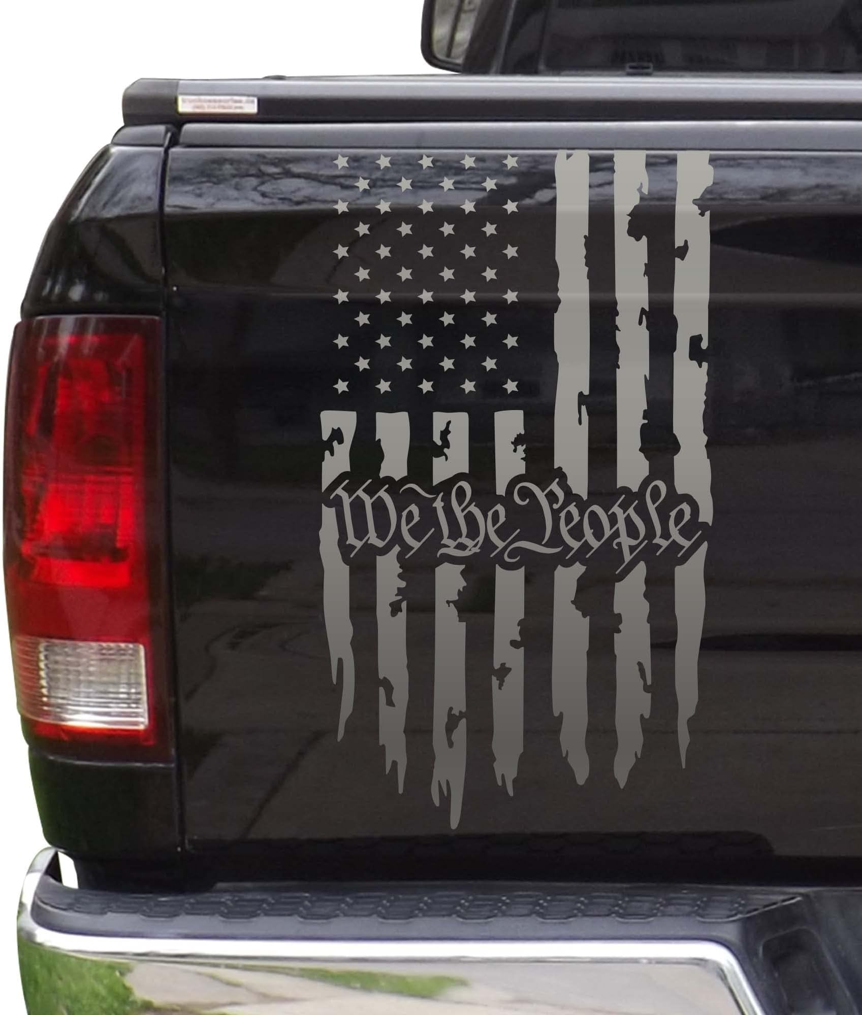 We The People Distressed American USA Flag Truck Tailgate Vinyl Decal Preamble of The US Constitution fits Most Pickup Trucks - Rear Car Sticker (11" x 20", Silver Gray (Metallic))