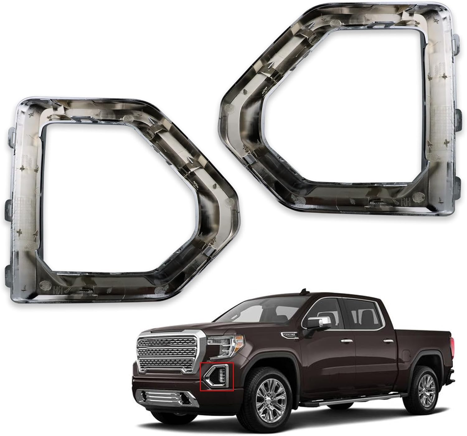 1 Pair Front Fog Light Bezel Cover Exterior Trim Replacement Compatible with GMC Sierra 1500 4-Door 2019-2021 Denali SLT AT4 Front Bumper Frame (Chrome)