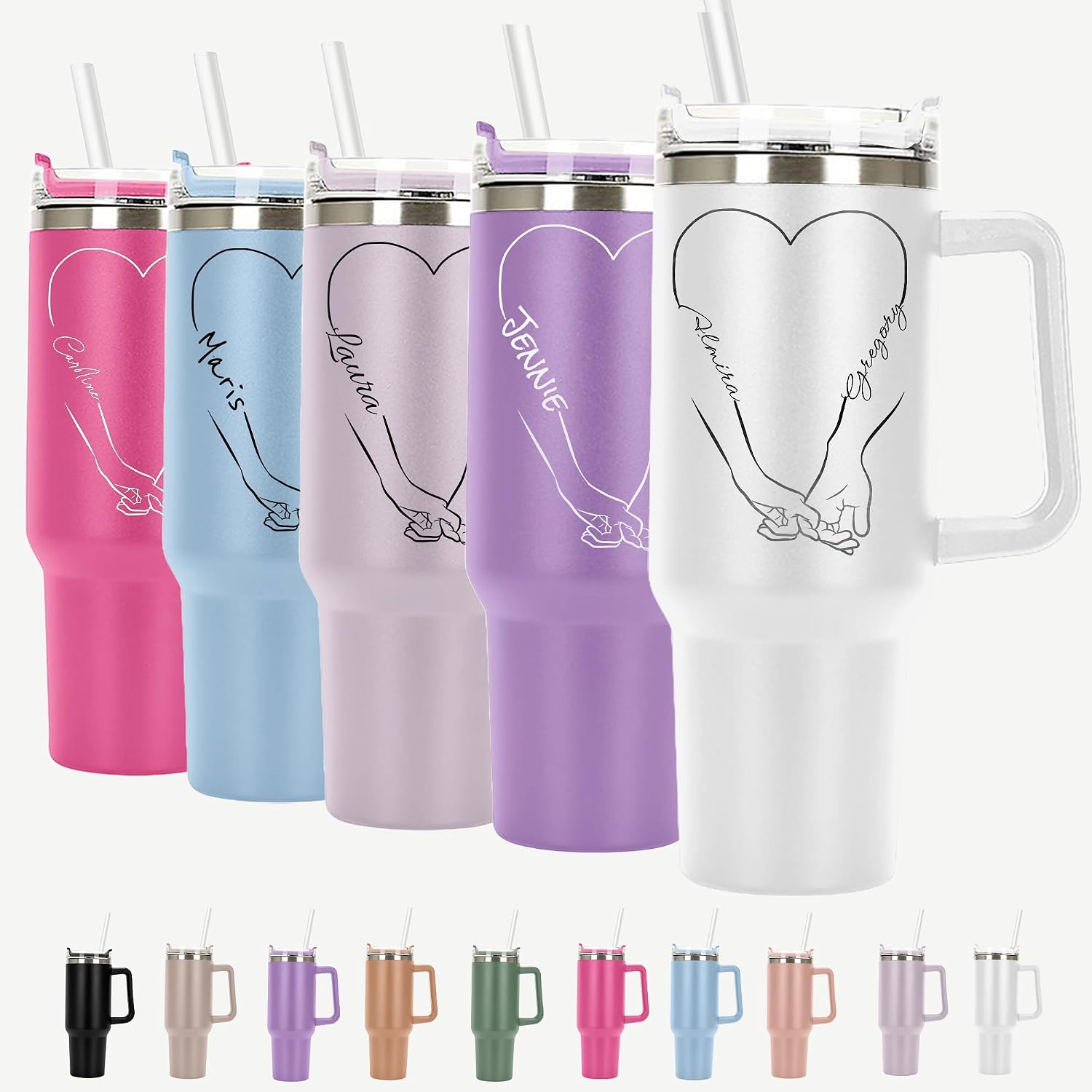 Holding Hands Personalized Tumbler 40 oz Laser Engraved, Insulated Cup with Handle, Lid and Straw, Custom Tumbler Couples Gifts, Valentine's Day, Presents for Women, Fiancée, Lover, wifey, hubby, mom