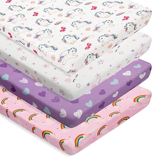 Paquete de 4 sábanas suaves para bebé niña N Play para colchón de cuna, diseño de corazón de arco iris, lindo poliéster neutro, unisex, juego de