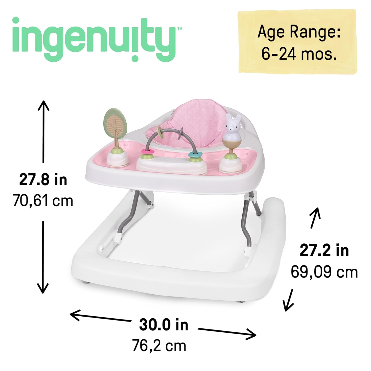 Ingenuity Step & Sprout 3-in-1 Foldable Baby Activity Walker with Removable Toys Ages 6 Months +, Pink