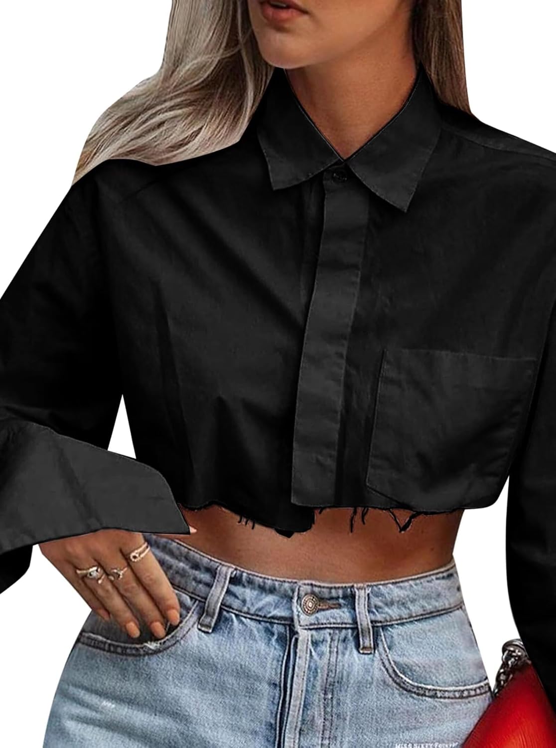 Women Cropped Button Down Shirt Asymmetric Hem Long Sleeve Collared Blouse Top - Image 3