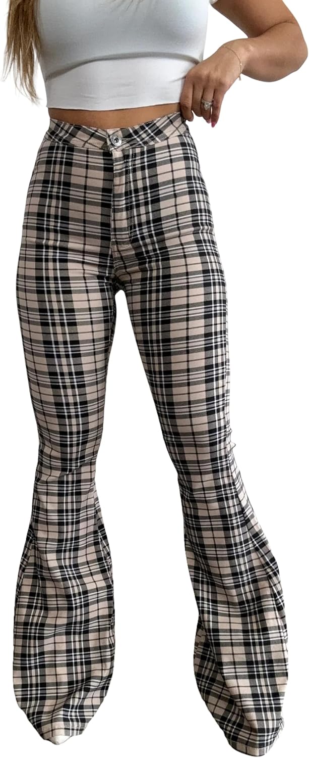 Willow Boutique Gretchen High Waisted Plaid Flare Jeans – Bell Bottom Fall Jeans for Women | Trendy Wide Leg Fit, Outseam 44"