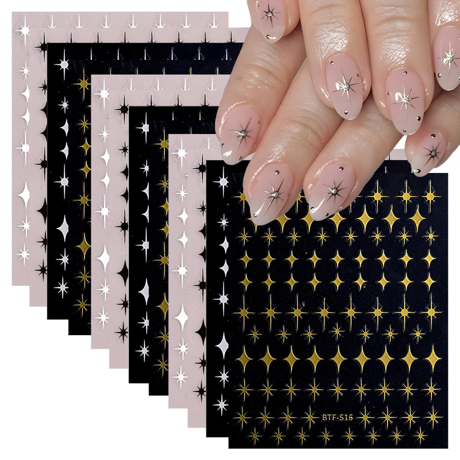 12 Sheet Star Nail Stickers 3D Self-Adhesive Decals for Nail Art - Black, White, Silver, Gold