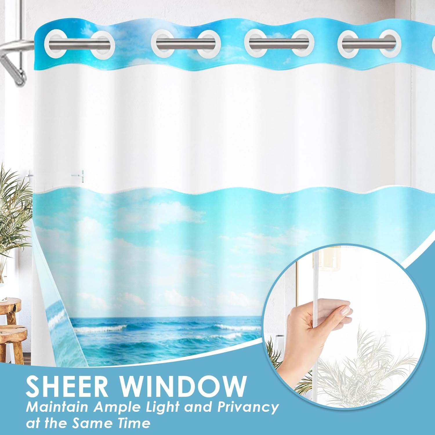 No Hook Beach Starfish Shower Curtain with Snap in Fabric Liner Set, Seashell Sea Shell Summer Double Layers Waterproof Fabric with See Through Top Window Open Grommet Bath Curtain 71x74 Inch thumbnail